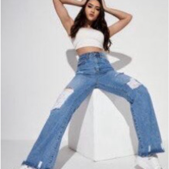 SHEIN Denim - SHEIN Blue Flare Distressed Jeans